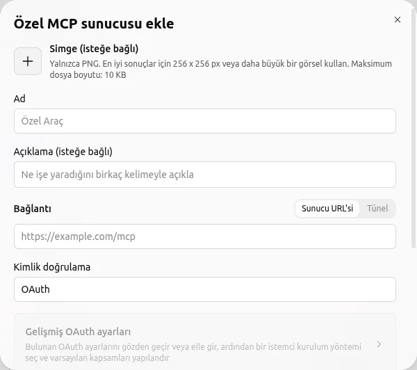 ChatGPT Eklentiler sayfasında Özel MCP sunucusu ekle formu: ad, açıklama, sunucu adresi ve OAuth kimlik doğrulama alanları