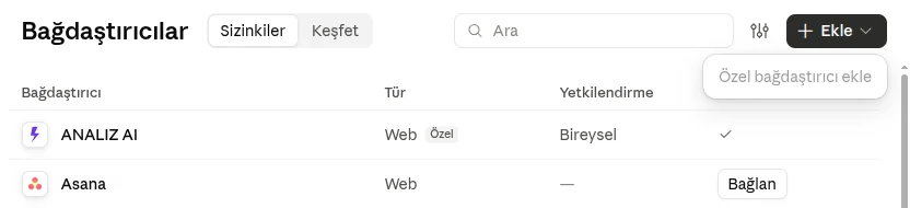 Claude Bağdaştırıcılar sayfasında Ekle menüsü açık, Özel bağdaştırıcı ekle seçeneği görünüyor